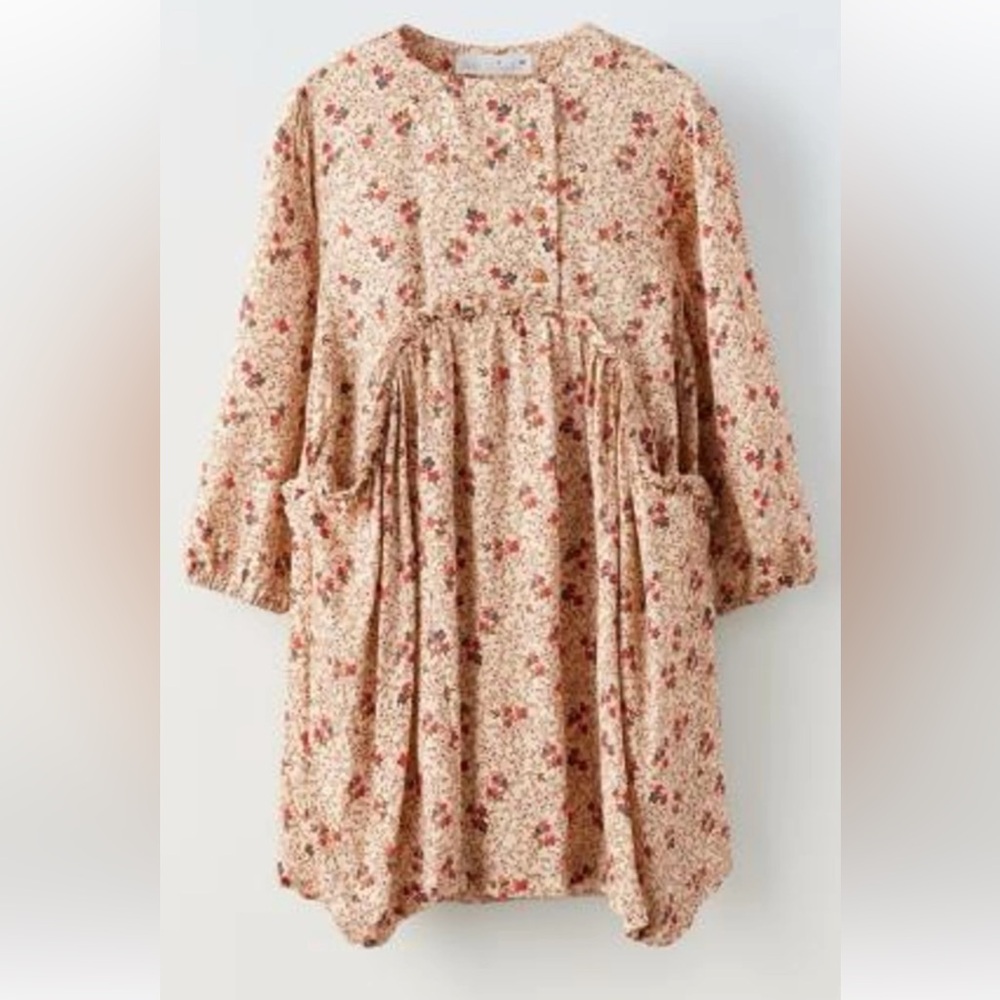 Zara Girls' Cream and pink Floral Long-Sleeve Dress